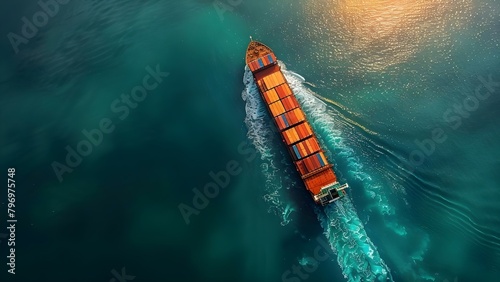 Aerial Perspective of a Cargo Ship Carrying Containers for Global Trade. Concept Aerial Photography, Cargo Ship, Containers, Global Trade, Transportation