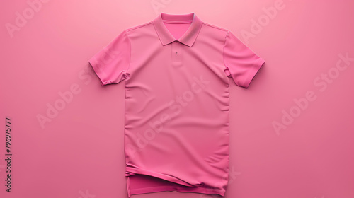 A minimal flat lay of a pink polo shirt on a pink background. The shirt is slightly wrinkled and has a collar.