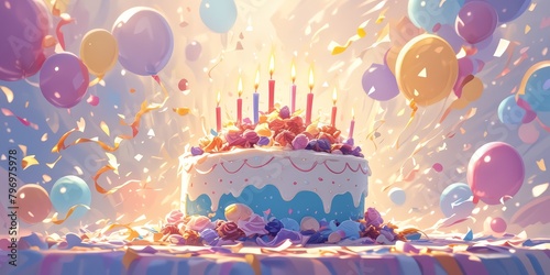 A colorful birthday cake with candles and balloons in the background against a blurred dark purple photo