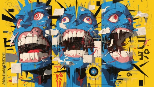 A colorful graffiti mural of three surreal faces with wide open eyes and mouths, surrounded by strange machines and symbols.