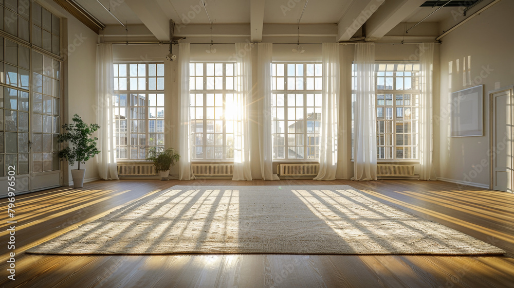 Fototapeta premium A large open room with a white carpet and white curtains. The room is very bright and spacious, with a lot of natural light coming in through the windows