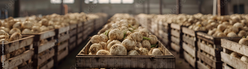 Celery roots harvested in wooden boxes in a warehouse. Natural organic fruit abundance. Healthy and natural food storing and shipping concept. Celery roots harvested in wooden boxes in a warehouse. Natural organic fruit abundance. Healthy and natural food storing and shipping concept.