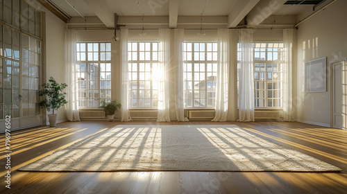 A large open room with a white carpet and white curtains. The room is very bright and spacious  with a lot of natural light coming in through the windows