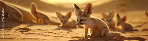 Fennec family sitting in the desert with setting sun shining. Group of wild animals in nature. Horizontal, banner. © linda_vostrovska