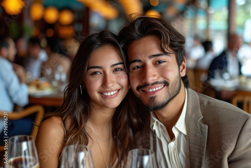 Young couple sitting at restaurant, giving happy expression