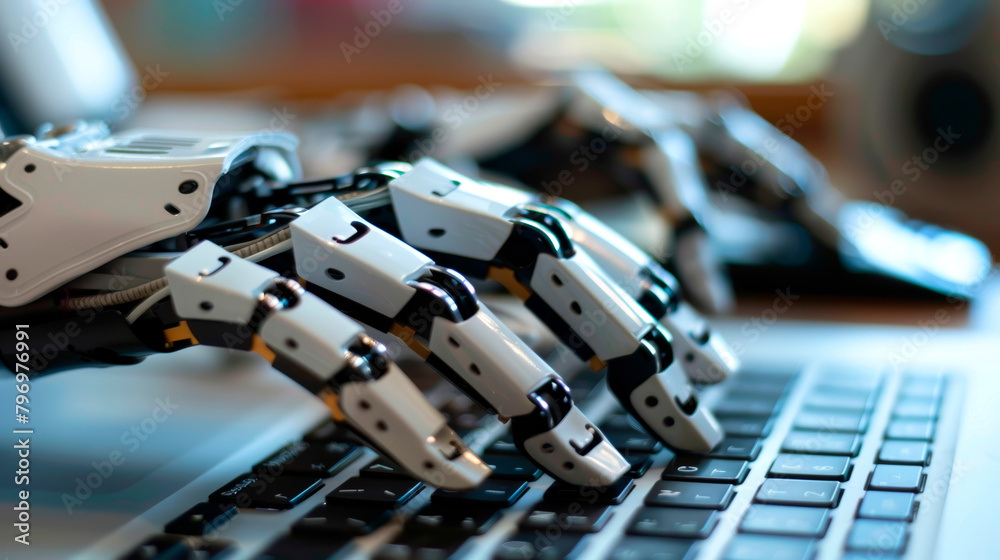 A robot is typing on a laptop keyboard, a close-up of the robotics of the future. A robot is typing on a laptop keyboard, a close-up of the robotics of the future.