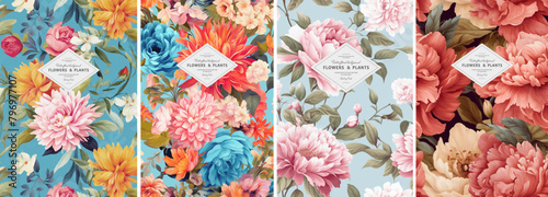 Flower and plant. Floral classic seamless print in shabby chic style. Flowers vector illustration: peony, rose, aster, leaves and plants for background, pattern and wallpaper	
 photo