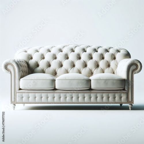 Elegant white Chesterfield sofa with tufted upholstery and rolled arms, presented against a plain background, accentuating its timeless design and sophistication.