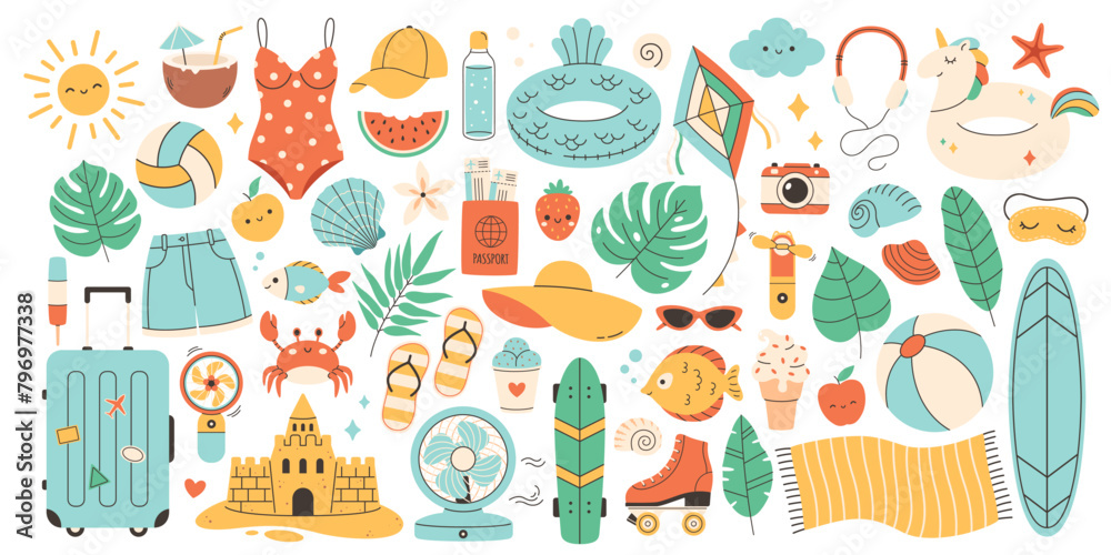 Big set of summer vacation stickers. Summer sport, leisure, food, clothes, objects. Vector illustration in flat style