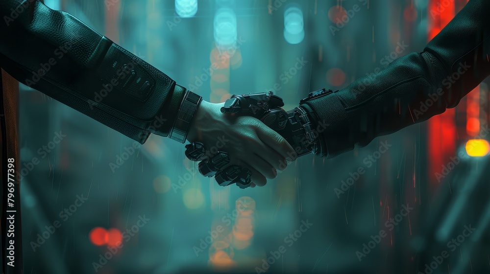 Two people shaking hands in a futuristic setting