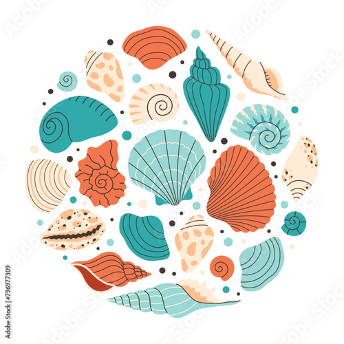 Collection of sea shells, mollusks, starfish, sea ​​snails. Tropical beach shells. Vector illustration in flat style