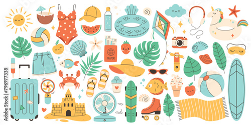 Big set of summer vacation stickers. Summer sport, leisure, food, clothes, objects. Vector illustration in flat style photo