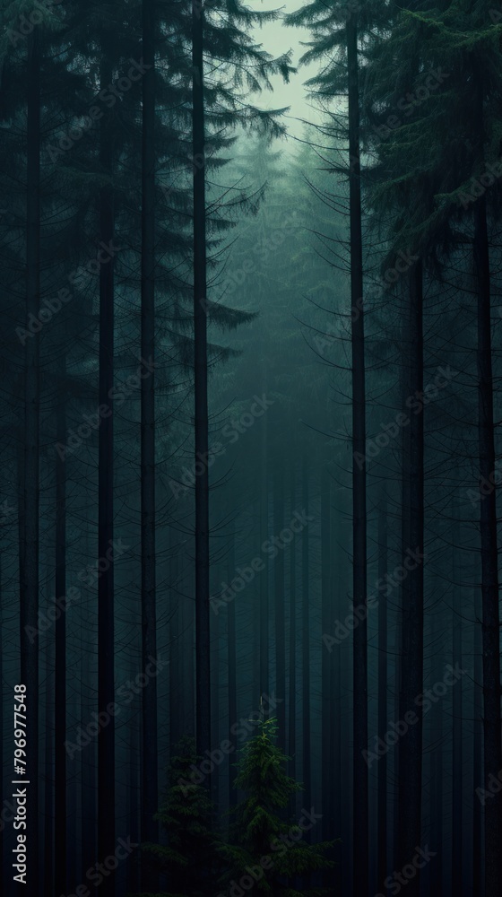 Deep pine forest background outdoors woodland nature.