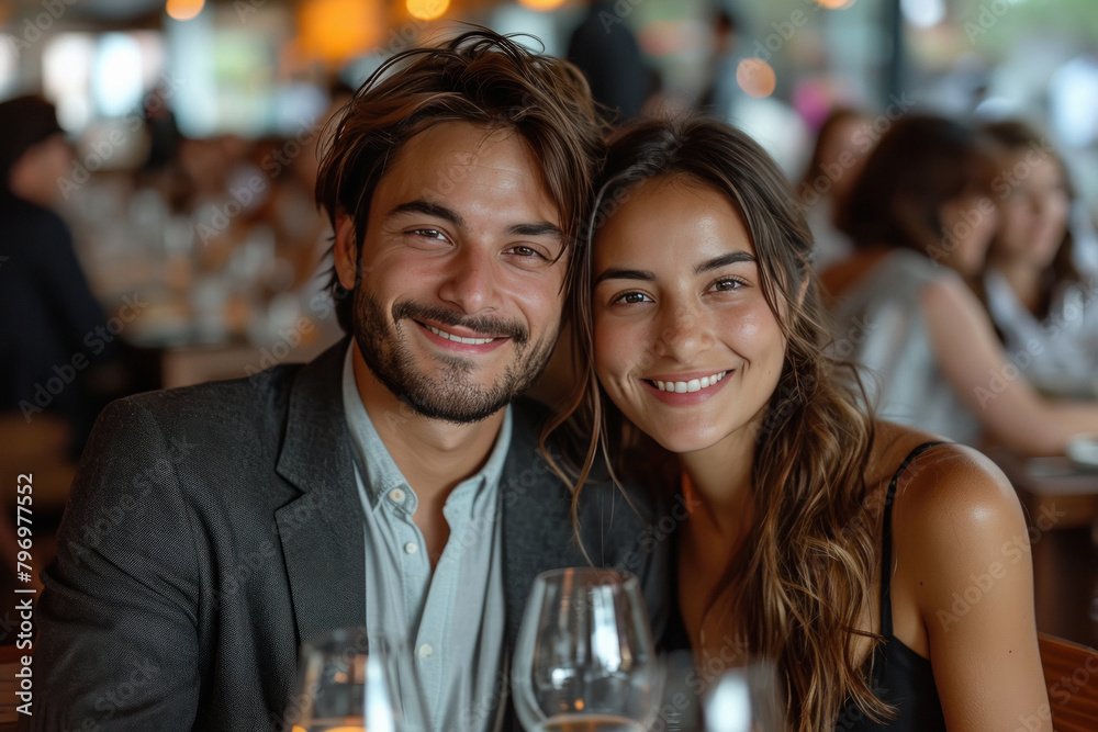 Young couple sitting at restaurant, giving happy expression Young couple sitting at restaurant, giving happy expression