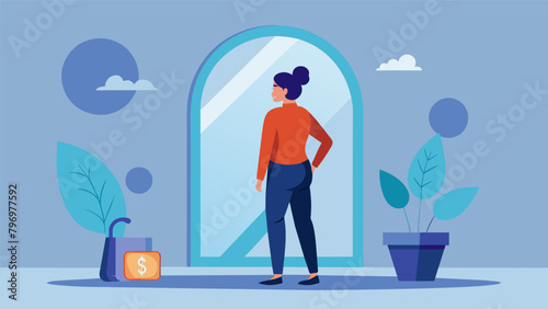 A person stands in front of a mirror seeing their reflection as a successful and financially secure individual despite their initial debt