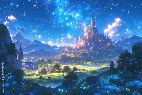 A beautiful castle in the distance, surrounded by trees and grassland, with lights shining on it at night. The sky is full of stars