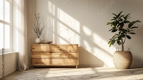 A room with a wooden dresser and a potted plant. The room is very clean and bright, with a lot of natural light coming in through the window