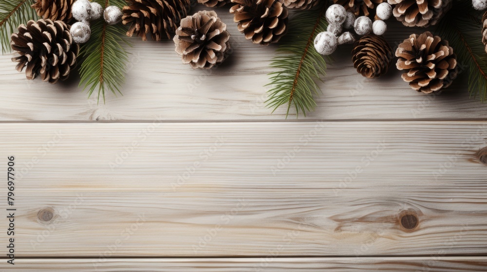 Rustic Christmas Pine Cones and Festive Decor on Wooden Background