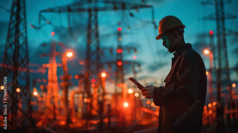 Male engineer using a digital tablet with a power station backdrop at dusk Male engineer using a digital tablet with a power station backdrop at dusk