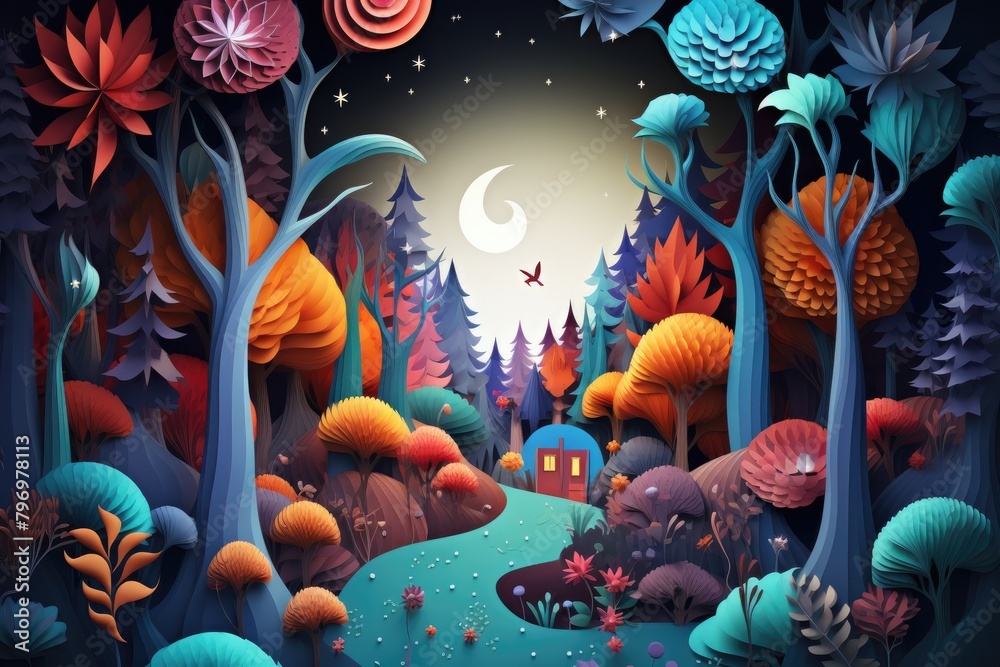 Obraz premium magical colorful forest paper art illustration
