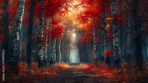 a world of fantasy and wonder  where the forest comes alive with the vibrant colors of autumn  portrayed in a row of majestic trees stretching as far as the eye can see