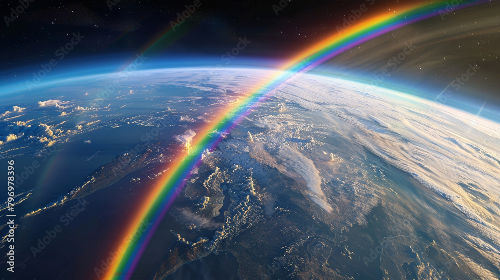 The Planet Earth has a rainbow coming from it extending into space
