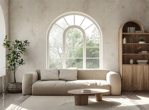 Modern living room interior with a sofa coffee table and cabinet near a window with an arched frame © Noor