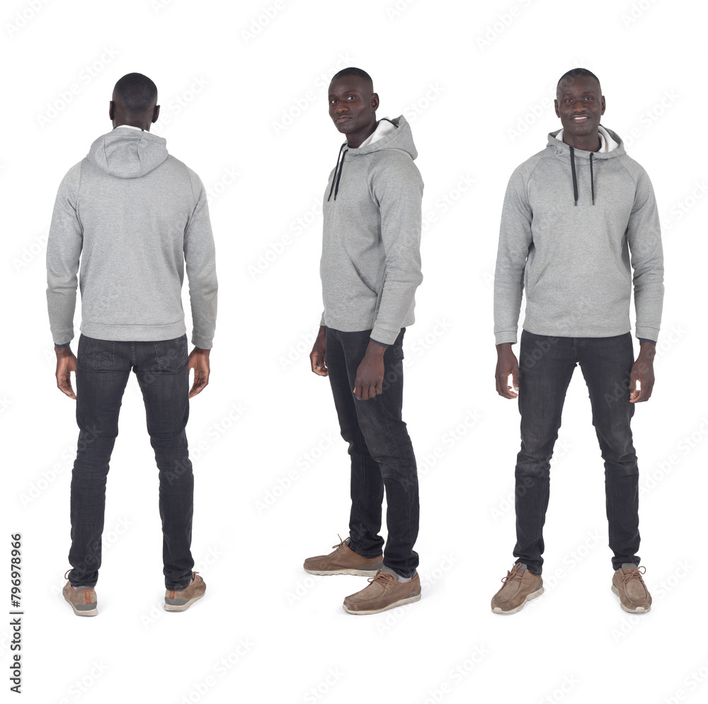side, back and front view of same man on white background side, back and front view of same man on white background