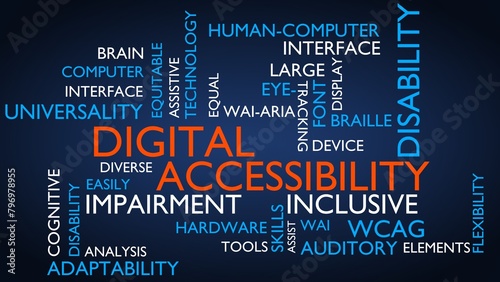Digital Accessibility word tag cloud. 3D rendering, blue variant