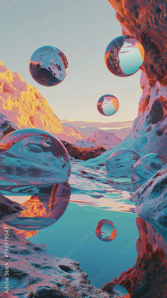 A series of bubbles floating in the air above a rocky landscape