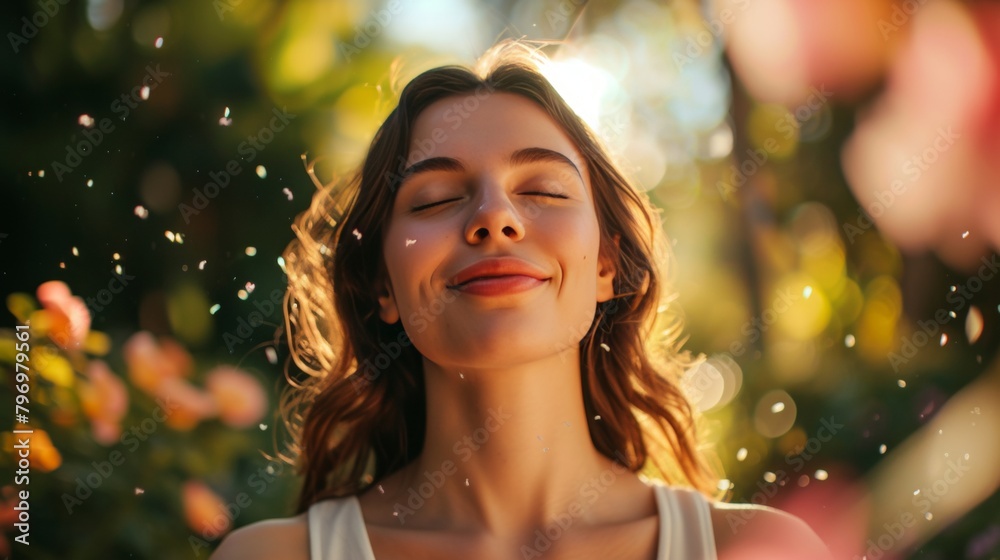 A smiling female enjoy outdoors in spring field with plant flower grass in allergy season A smiling female enjoy outdoors in spring field with plant flower grass in allergy season