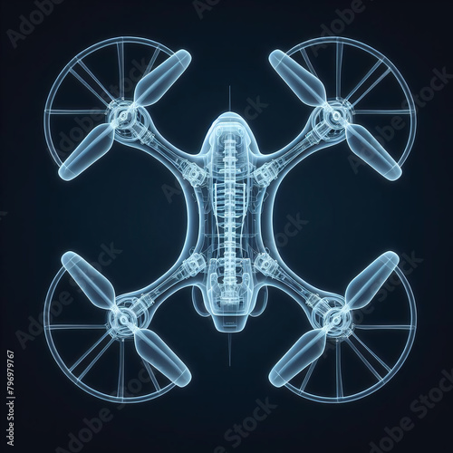 An X-ray image revealing the internal components of a drone against a dark background, showcasing its intricate design and technology.