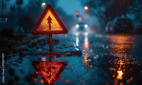 A wet road reflecting lights at night with a car and traffic sign. Generate AI