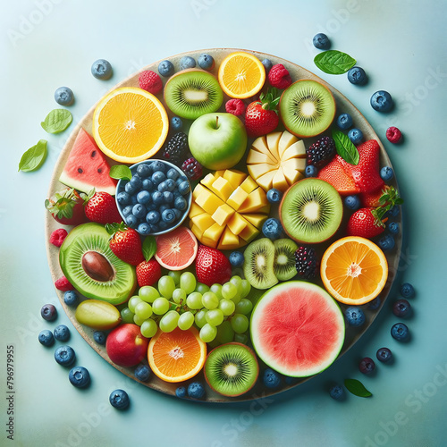 ChatGPTColorful assortment of fresh fruits artistically arranged on a plate  featuring berries  citrus  and tropical varieties.