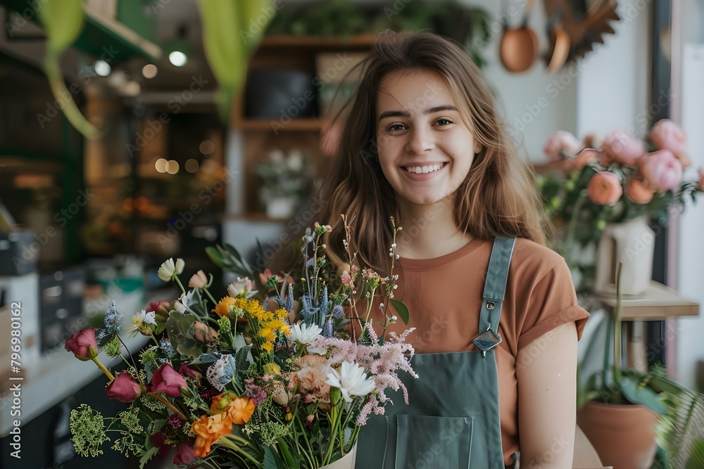 Happy female florist with floral bouquet smiling at camera in shop. Concept Flower Shop, Female Florist, Floral Bouquet, Smiling Portrait, Retail Environment