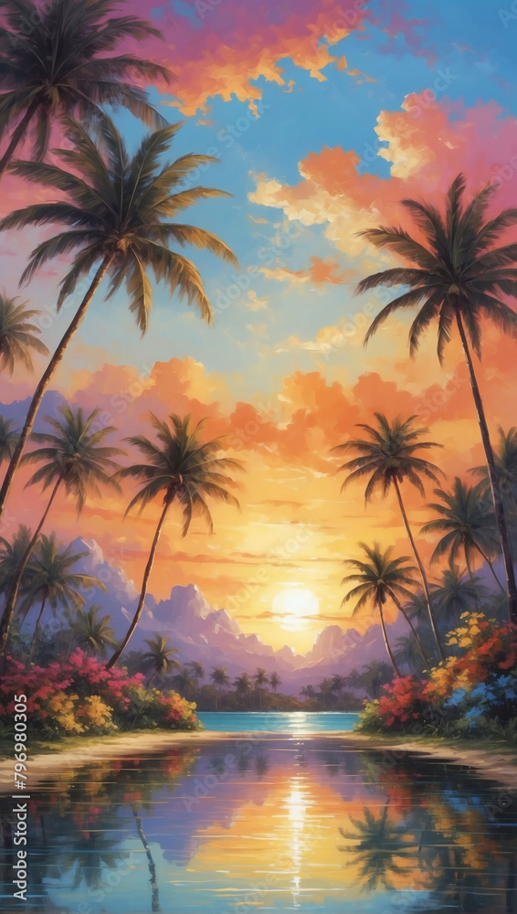 Sunset Serenity, Relax and Unwind as the Sun Sets Behind Majestic Palm Trees, Painting the Sky in a Symphony of Colors.
