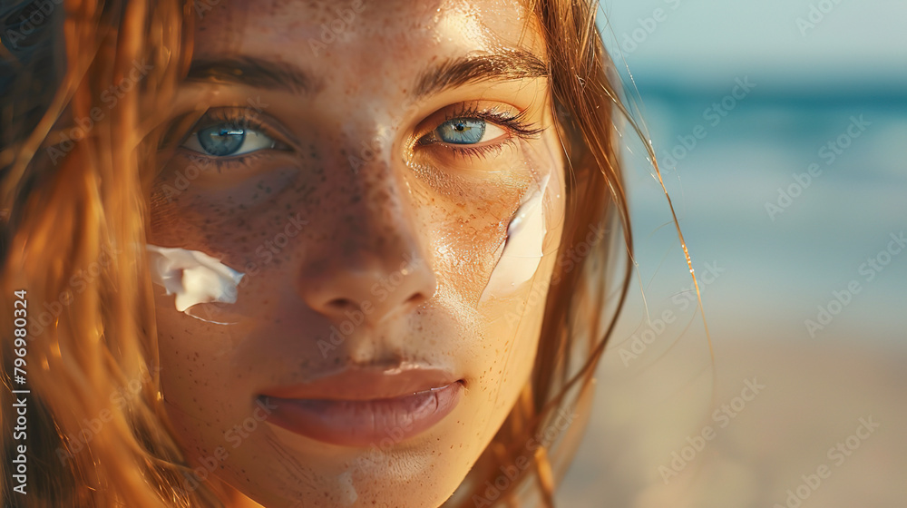 Close up portrait of an attractive woman with sun cream on her face against a beach background Close up portrait of an attractive woman with sun cream on her face against a beach background