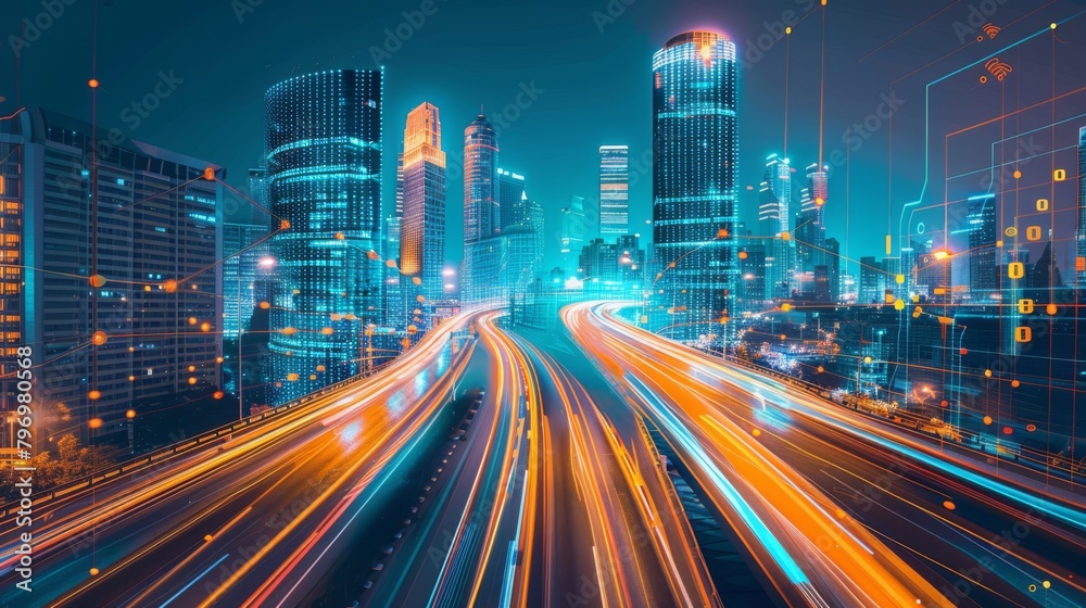 A conceptual image depicting a highly digitized smart city infrastructure with vibrant orange and blue data streams representing connectivity and high-tech urban management