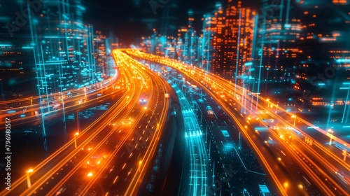 A conceptual image depicting a highly digitized smart city infrastructure with vibrant orange and blue data streams representing connectivity and high-tech urban management
