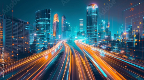 A conceptual image depicting a highly digitized smart city infrastructure with vibrant orange and blue data streams representing connectivity and high-tech urban management