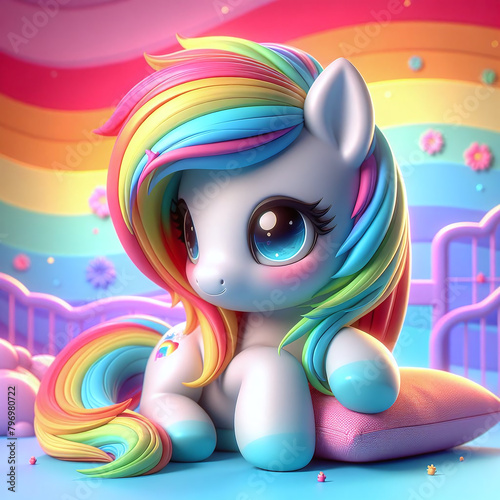 A colorful 3D illustration of a cute cartoon pony with a rainbow mane and tail sitting in a magical candy land. © Tim Bird