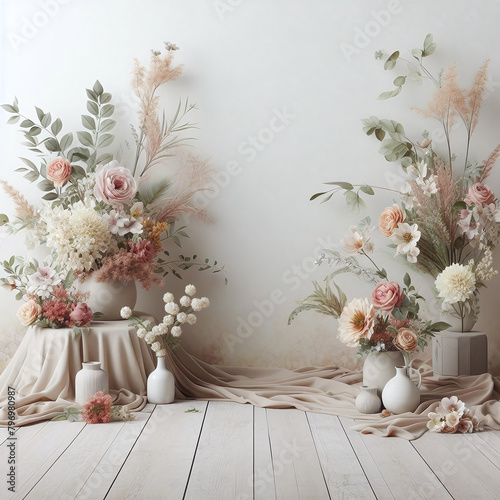 Elegant floral arrangement featuring pastel flowers and vases placed on a white wooden floor against a neutral backdrop.