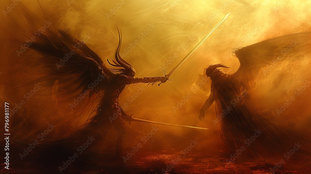 Fototapeta premium Two angels are sword fighting. The scene is tense and dramatic. A battle of good and evil. A mythical plot. Illustration for cover, card, postcard, interior design, decor or print.