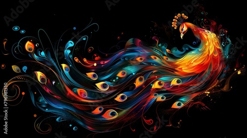 A colorful peacock with swirly feathers on a black background. A magical creature made of fire.