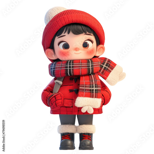 An adorable cartoon character dressed in a striking red and black winter ensemble stands out against a transparent background in this vertical image