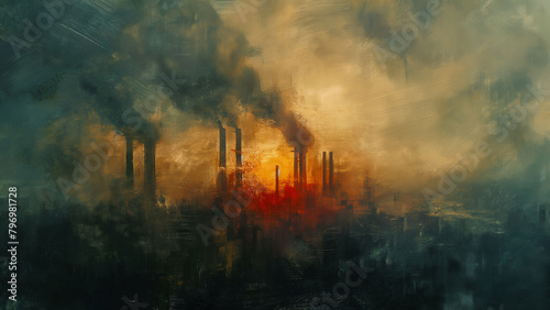 a smokey smoggy skyline with distant smokestacks and plumes of pollution