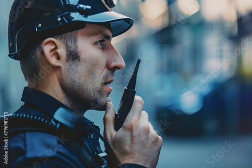 Security guard using walkie talkie for police service and backup support. Concept Security Guard Technology, Communication Devices, Police Support, Walkie Talkie Usage, Backup Assistance photo