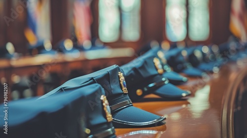 Police caps lined up on table in an police event