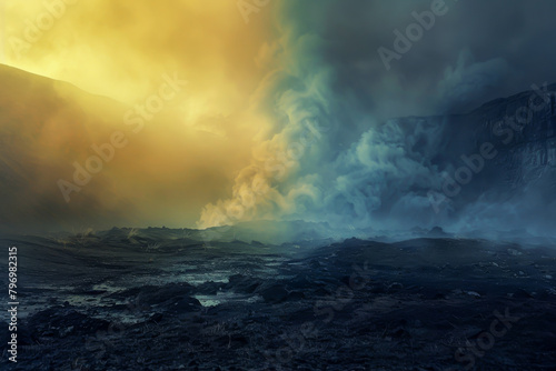 The sky is filled with smoke and the ground is covered in rocks photo