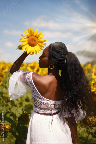 Woman holding a sunflower, outdoors in sunflower field, beautiful African woman with long black hair wearing a white sundress